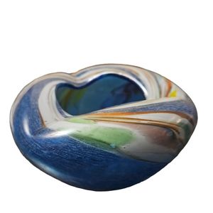 Vintage blue multicolor art glass rolled edges swirl